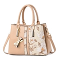 Elegant beige floral embroidery handbag with gold hardware and a bow charm pendant - Khaki