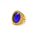 Macro shot of blue oval gemstone and golden braided texture on the men's steel ring - Gold Rhombus Dark Blue Gemstone / Size 9