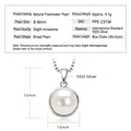 S925 silver necklace featuring 8-9mm natural freshwater pearl pendant with size details - Round Wrapped / K White Gold