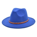 Detail of royal blue fedora hat with a brown woven leather band on the brim - M (56-58cm) / Sapphire Blue