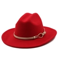 Detail of red wool fedora hat featuring a beige leather band and a gold metal buckle - M(56-58cm) / Red