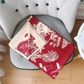 Detail of red cashmere-like scarf with cream animal patterns and fringe on a chair - Vintage Red Bird Toile De Jouy Pattern (Color 1) / 190x65cm