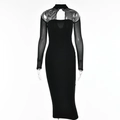 Detail of black long sleeve bodycon dress with sheer mesh patchwork on shoulders - S / Black