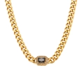 Gold Cuban link necklace with black rectangular gemstone and clear zircon accents - Cuban Link Embellished (N2846-B0281) / Necklace-Black