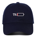 Close-up of 1% low battery embroidery on navy blue cotton baseball cap with fine texture - Adjustable / Navy Blue