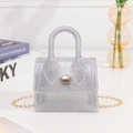 Mini silver glitter transparent jelly bag with gold chain strap and round metal buckle - Transparent Silver