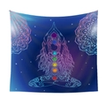 Detail of blue chakra yoga tapestry featuring rainbow symbols and mandala patterns - Qy419-16