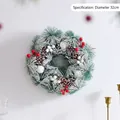 32cm Christmas wreath with green pine needles, red berries and realistic white snow - Three White Berries Style