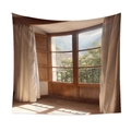 Detail of wall tapestry showing realistic faux window view with mountains and curtains - 73X95CM / Fake Window Scenery (QY711-65)