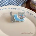 Cute gray marble acetate cat hair clip with blue plaid shirt and bow, size 5cm - Grey Cat