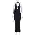 Close-up of black backless halter maxi dress with cutout chest and matching scarf - S / Black