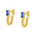 Elegant gold S925 silver stud earrings featuring square blue zircon and hanging cuban chain - Blue Gold