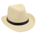 Stylish beige straw fedora hat with a black leather band and silver buckle detail - One Size / Beige