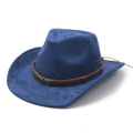 Detail of blue suede cowboy hat featuring brown leather cord and bronze skull emblem - M (56-59cm) / Navy Blue