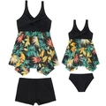 Dettaglio tankini coordinato genitore-figlio con stampa tropicale e design incrociato - S / Nero