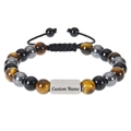 Customized braided tiger eye stone bracelet with engraved stainless steel nameplate - 1 Name Engraved / Tiger Eye + Obsidian + Magnetic Stone Bracelet