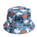 Detail of Halloween bucket hat with pumpkin, ghost, and bat prints on navy fabric - M (56-58cm) / Dark Blue Cartoon Ghost & Pumpkin Style K