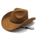 Classico cappello da cowboy in camoscio marrone con fascia a borchie e cordino antivento - M (56-58cm) / Cachi