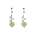 Elegant gold tassel earrings with white pearls and light green translucent beads - Faux Jade Pearl Tassel