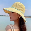 Yellow straw sun hat with light blue floral embroidery and wide brim for summer outdoor - Blue Flower Beige