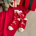 Red and white Christmas coral fleece socks with reindeer patterns for warm winter gifts - Elk