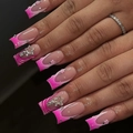 Pink zebra print press-on nails with 3D flowers and silver star charms on square shape - Pink Zebra French Style With 3D Flowers And Star Pendants (JP4234)