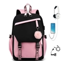 Sac à dos d'étudiant rose et noir avec port de charge USB et pompon en peluche - Style Couvercle à Rabat / Noir Rose