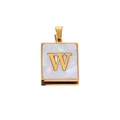 Close-up of golden square pendant with mother of pearl inlay and letter W engraving - Gold W