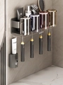 Grey wall-mounted aluminum toothbrush holder set for four with cups and toothpaste dispenser - Gun Grey Toothbrush Holder + 4 Colored Cups + Toothpaste Squeezer