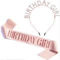 Pink glitter Birthday Girl sash and rhinestone crown tiara set for girls party - Headband Sash Set / Rose Gold Set