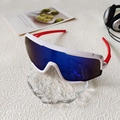 Kids sports sunglasses with white frames, blue lenses, and red temples for cycling - White Frame Blue Mirrored Lens
