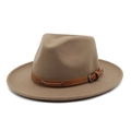 Close-up of light brown wool fedora with a leather strap, silver buckle, and metal rivets - M(56-58cm) / Dark Khaki