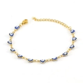 Gold-plated stainless steel chain bracelet with blue heart Evil Eye charms on white background - Heart Evil Eye Bracelet Blue