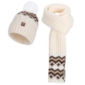 Winter knitted cream hat and scarf set with pompom and decorative wave pattern - Hat + Scarf / Milk White (2-Piece Set)
