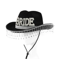 Schwarzer Western-Brauthut mit BRIDE-Perlenbuchstaben und funkelnden Strassfransen - Schwarz - Weißer Strass