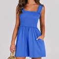 Detailed view of blue summer jumpsuit featuring ribbed bodice and ruffled shoulder straps - Blue