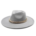 Gray wool fedora hat for women featuring a stylish chunky gold metal chain band - One Size 58cm / Light Gray