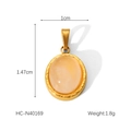 Macro view of oval pink natural stone pendant with gold stainless steel rim and dimensions - Oval Pink Gemstone Wrapped (HC-N40169)