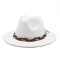 Classic white wool fedora hat featuring a vibrant multicolor braided decorative band - L(58-60cm) / White