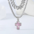 Pendente a croce di diamanti rosa con catena tennis e cubana argento stile hip hop - Collana con ciondolo singolo / Argento