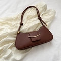 Minimalist dark brown leather shoulder bag with stylish gold crescent metal buckle closure - Brown