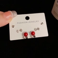 Three-pair set of S925 silver stud earrings with red bows and sparkling hearts - Silver-Heart Bowknot Pearl Set (33#)