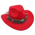 Détails du chapeau de cowboy en feutre rouge avec ruban ethnique et perles turquoise - Taille Enfant (52-54cm) / Rouge