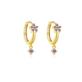 Macro detail of S925 silver flower hoop earrings with purple zircon and gold finish - 925 Silver / Gold (Purple Stone)