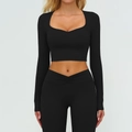 Damen Yoga-Set in Schwarz mit Langarm-Crop-Top und V-Kreuz High Waist Leggings - S / Premium Schwarz