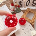 Christmas wreath brooch in red plush with golden beads and a striped bow design - China Red Small Thick Wreath Pin / Approx 3.5cm