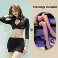 Sexy black secretary uniform set with cropped top, mini skirt and purple lace stockings - One Size / Black Long Sleeve Secretary + Black Silk Stockings