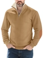 Brown half-zip knit sweater for men with leather elbow patches and metal zipper detail - S / Khaki