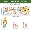 Detailed size chart for 34pcs floral wall stickers with sunflowers and butterflies - 90*30cm / Sunflower Poppy Floral (UV26Y80119T_R)