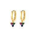Golden hoop earrings with colorful red, green, and blue zircon triangle charms - Clover Gemstone Style (F677) / Gold Color Multicolored Zirconia